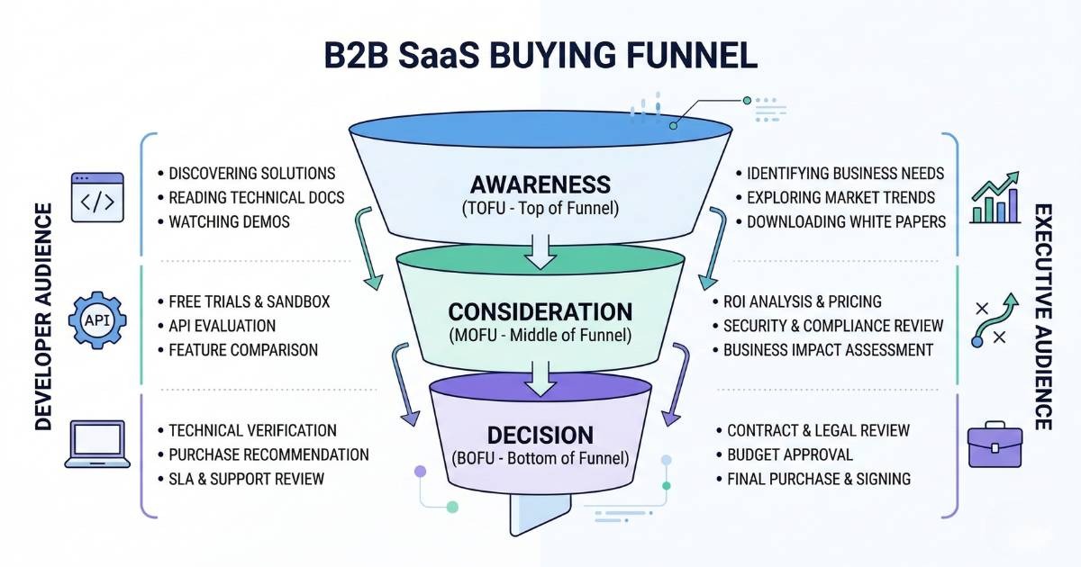 Content marketing strategy framework for tech startups showing the funnel from awareness to revenue