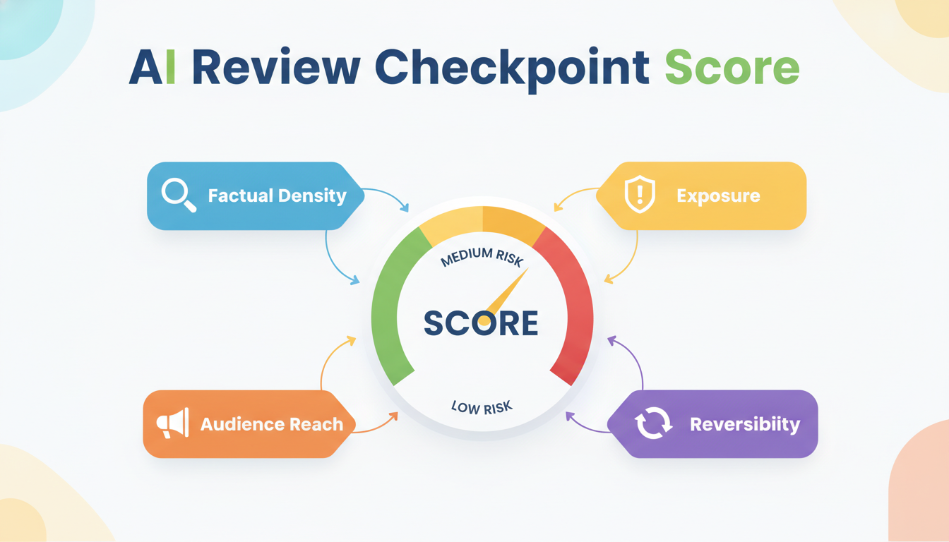 AI Review Checkpoint Score framework diagram showing four factors feeding a risk gauge