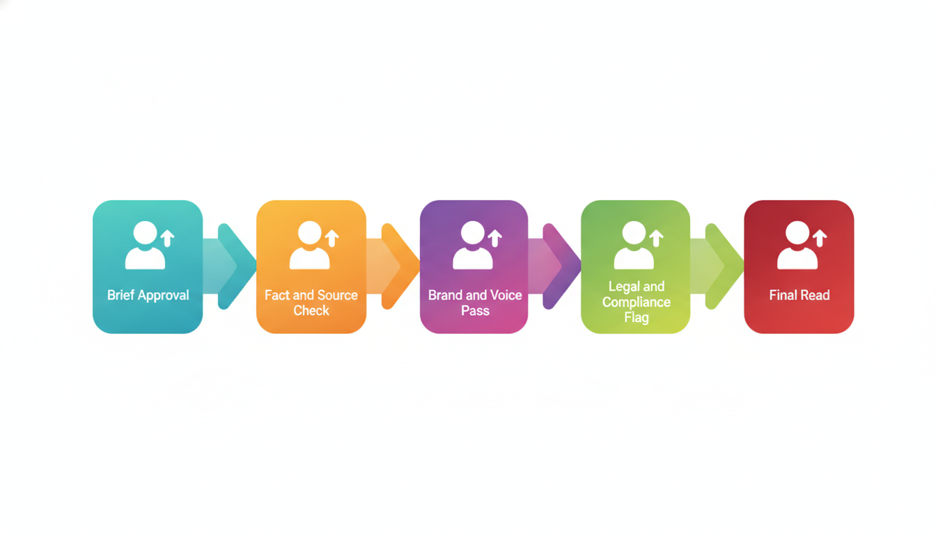 Five checkpoint workflow diagram from brief approval to final read