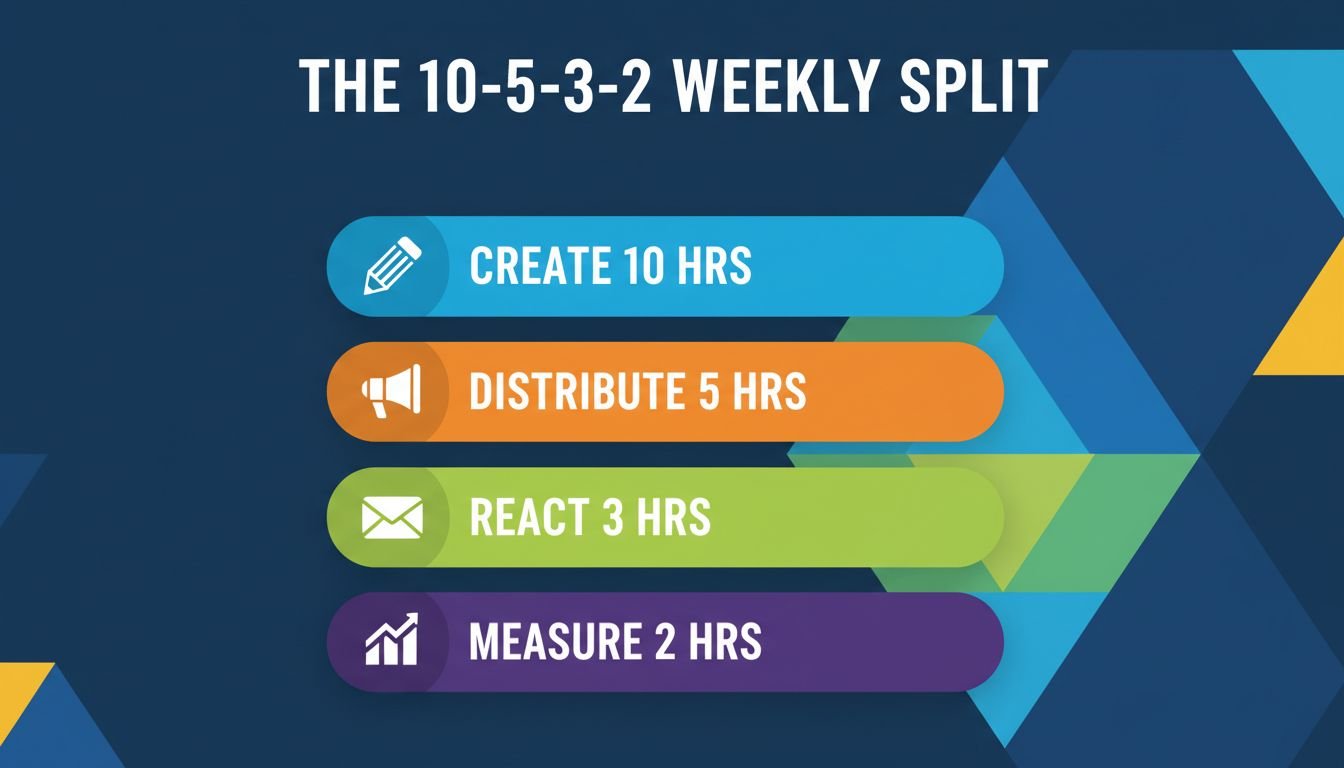 The 10-5-3-2 weekly hour split for a solo content marketer: create 10 hours, distribute 5, react 3, measure 2