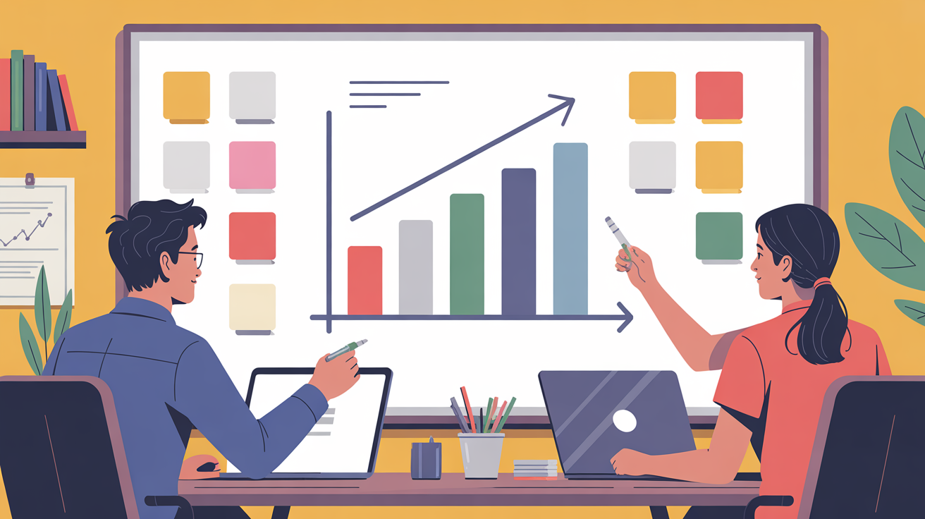 Illustration of a small marketing team of two people reviewing a content output chart