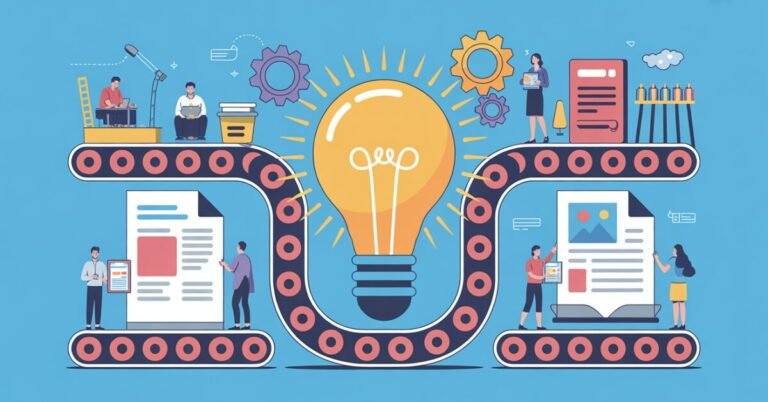 Colorful illustration of a content piece moving through a workflow pipeline from idea to published post