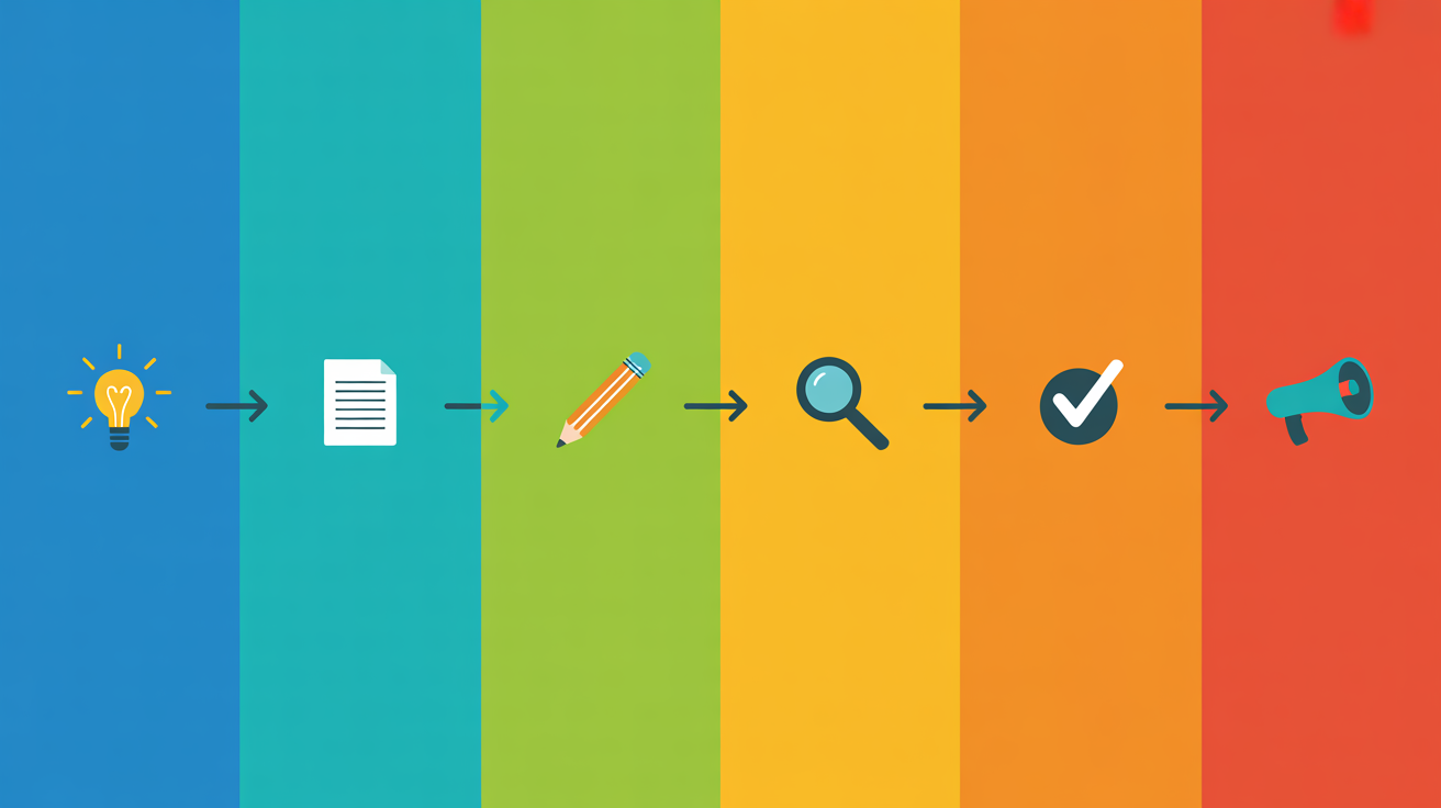 Colorful six-stage roadmap graphic with icons for idea, brief, draft, review, approval, and publish