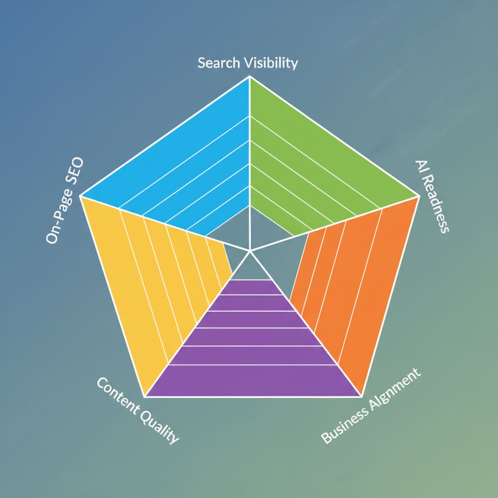 B2B Content SEO Scorecard showing five audit dimensions