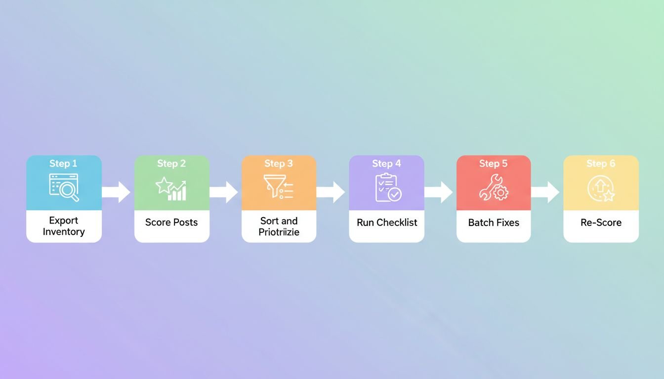 Six-step content SEO audit workflow: Export Inventory, Score Posts, Sort and Prioritize, Run Checklist, Batch Fixes, Re-Score
