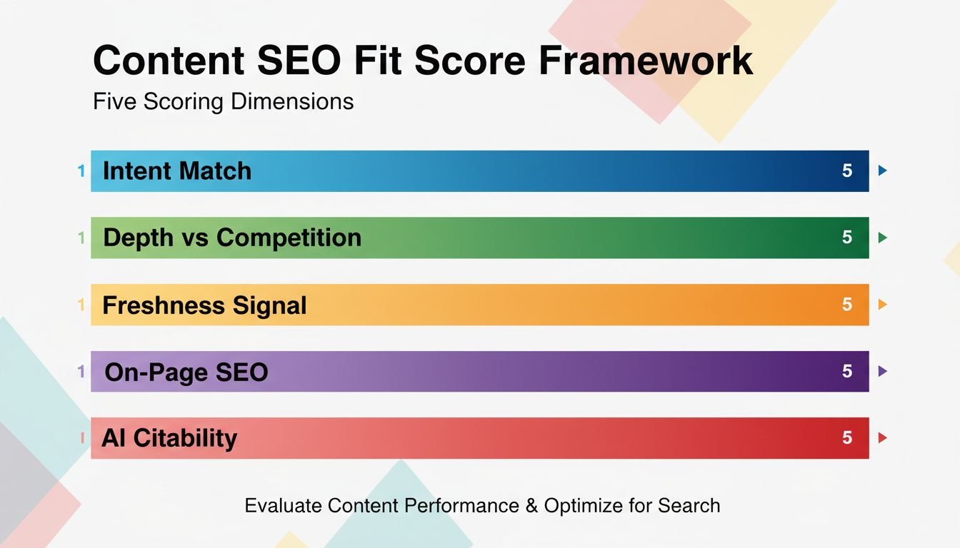 Content SEO Fit Score framework showing five scoring dimensions: Intent Match, Depth vs Competition, Freshness Signal, On-Page SEO, and AI Citability