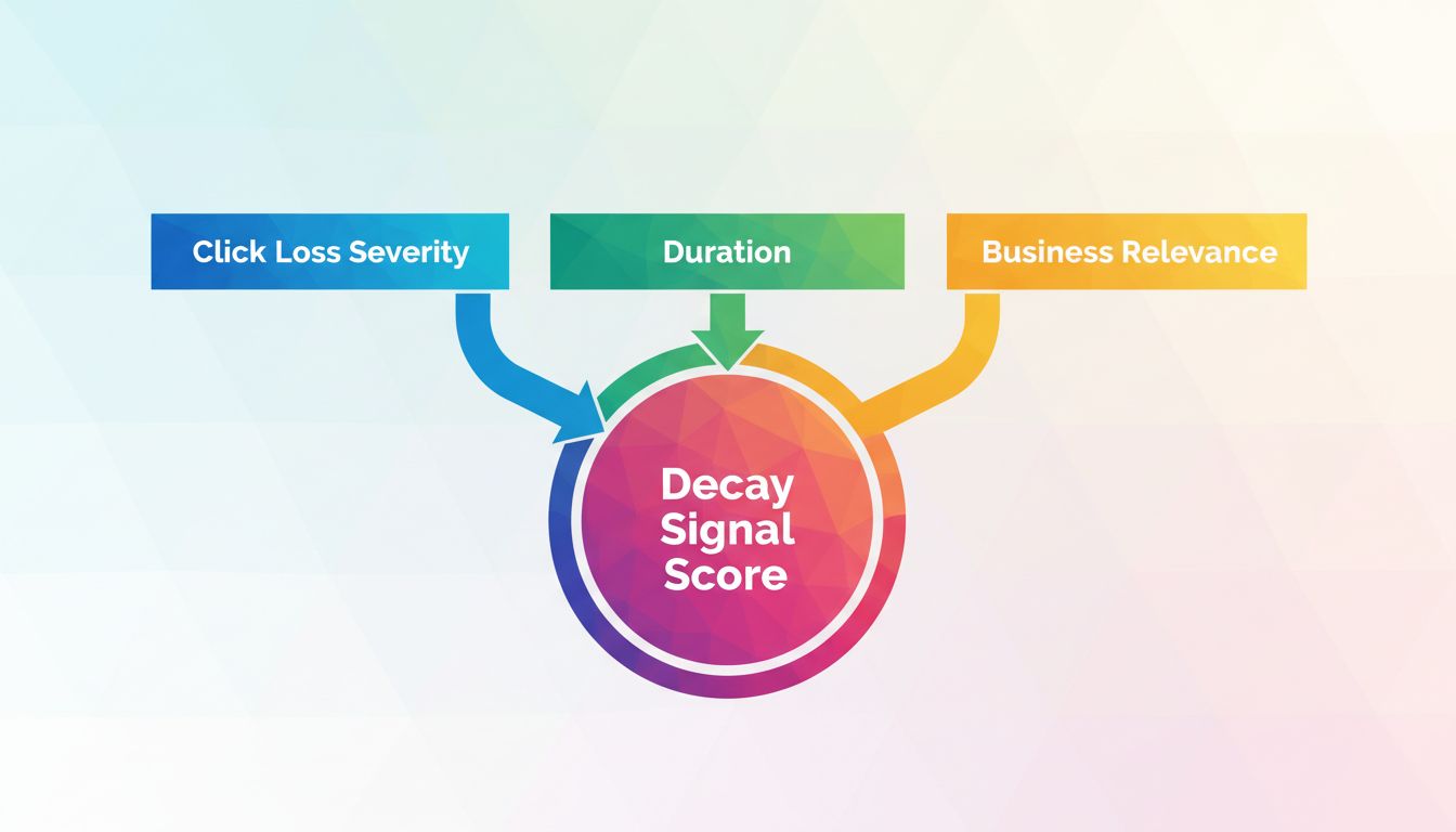 Decay Signal Score framework diagram combining severity, duration, and business relevance
