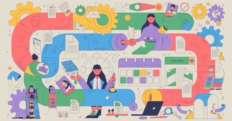Colorful illustration representing a connected B2B content production system