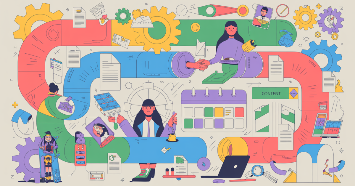 Colorful illustration representing a connected B2B content production system