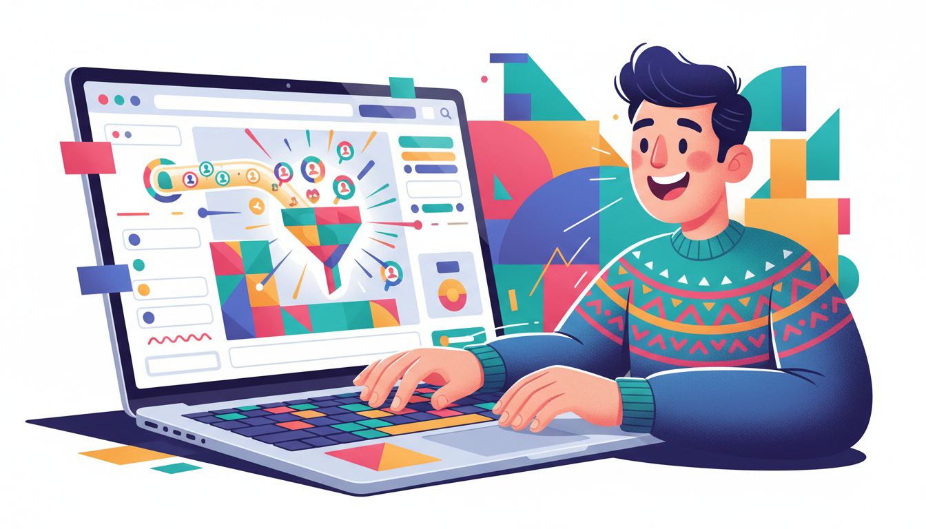 Illustration of a marketer assembling a landing page from template blocks connected to a CRM funnel