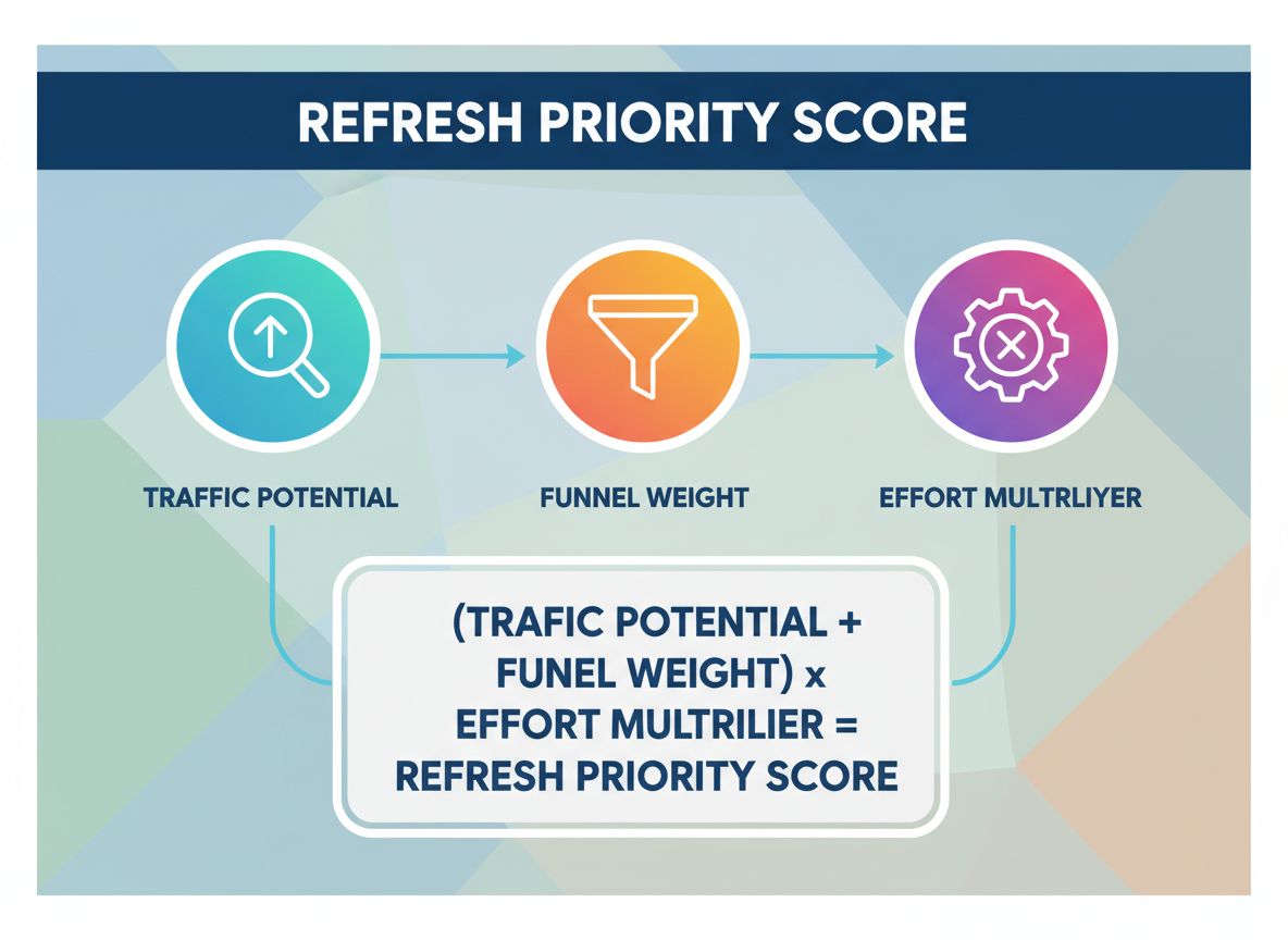 Refresh Priority Score framework diagram showing traffic potential funnel weight and effort multiplier