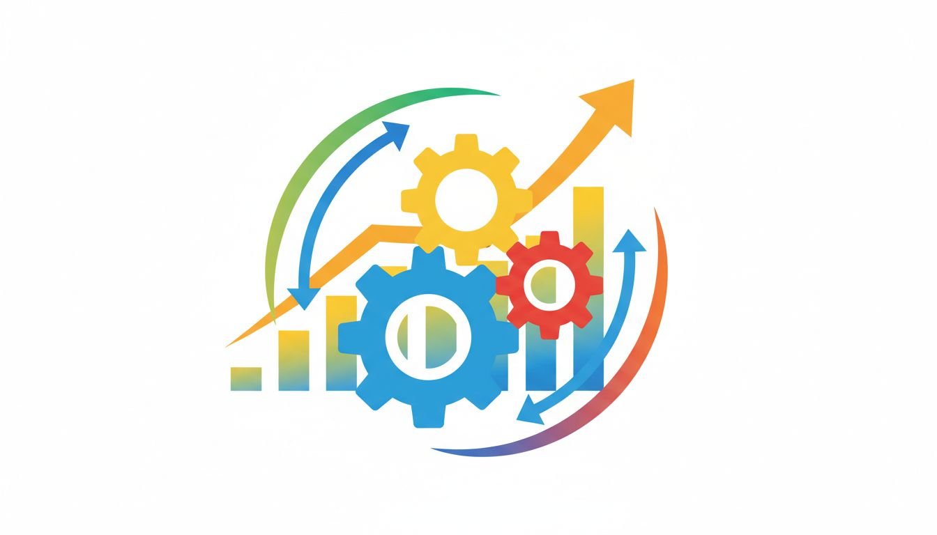 flywheel of four gears with a rising chart showing compounding momentum