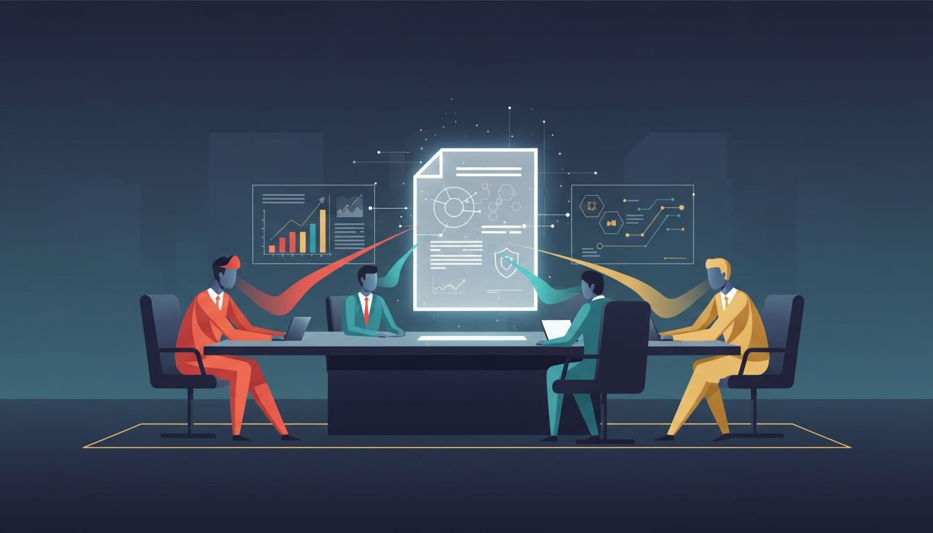 Illustration of a single modular B2B document served to a finance executive, a technology leader, and an end user, each seeing the proof that matters to them