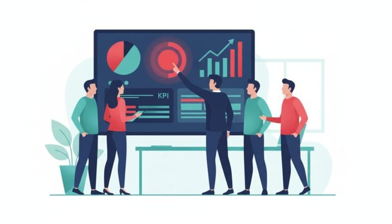 B2B marketing team reviewing a content KPI dashboard with revenue analytics, flat editorial illustration