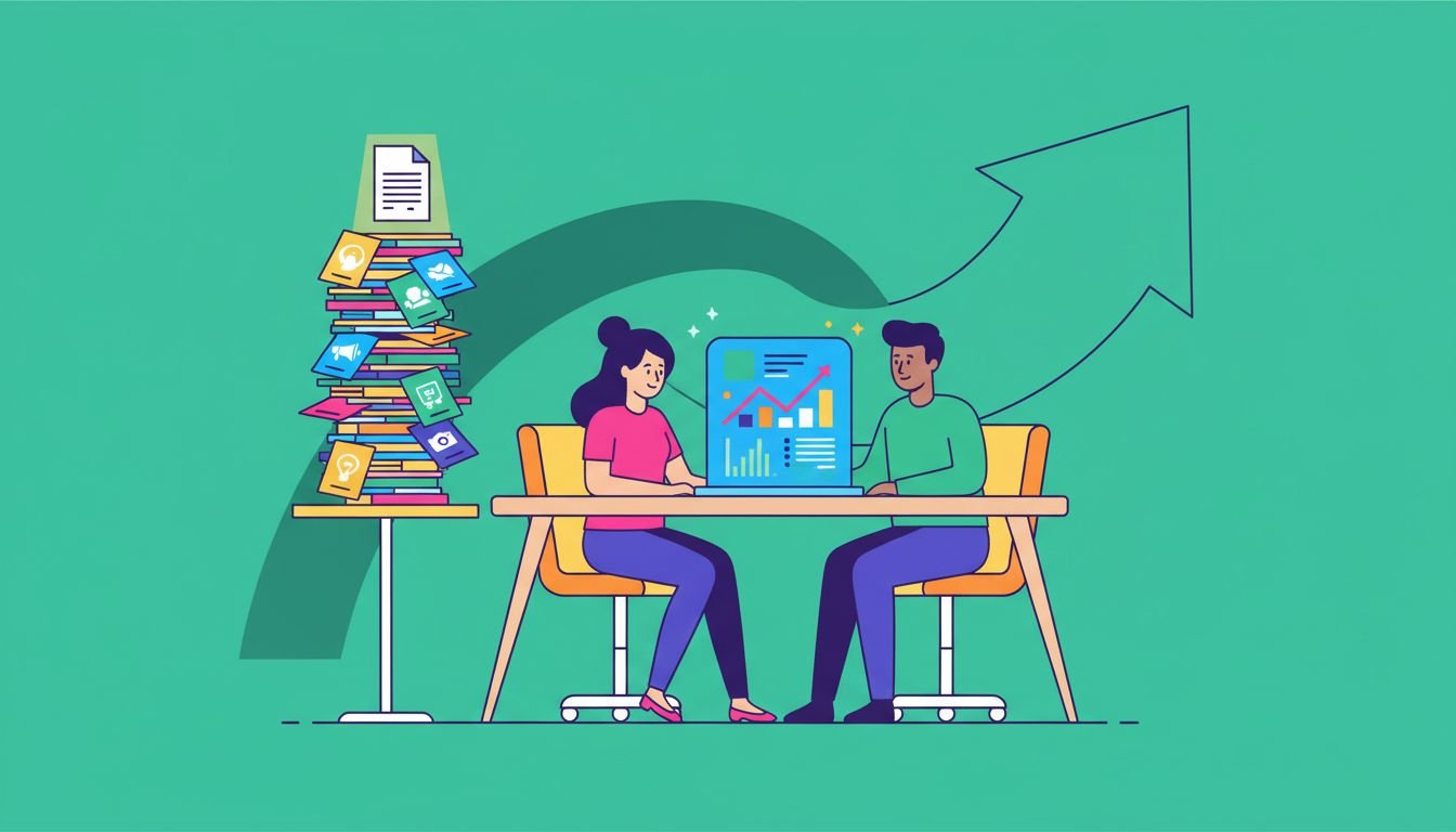 two person B2B marketing team at a desk with analytics dashboard and growth arrow