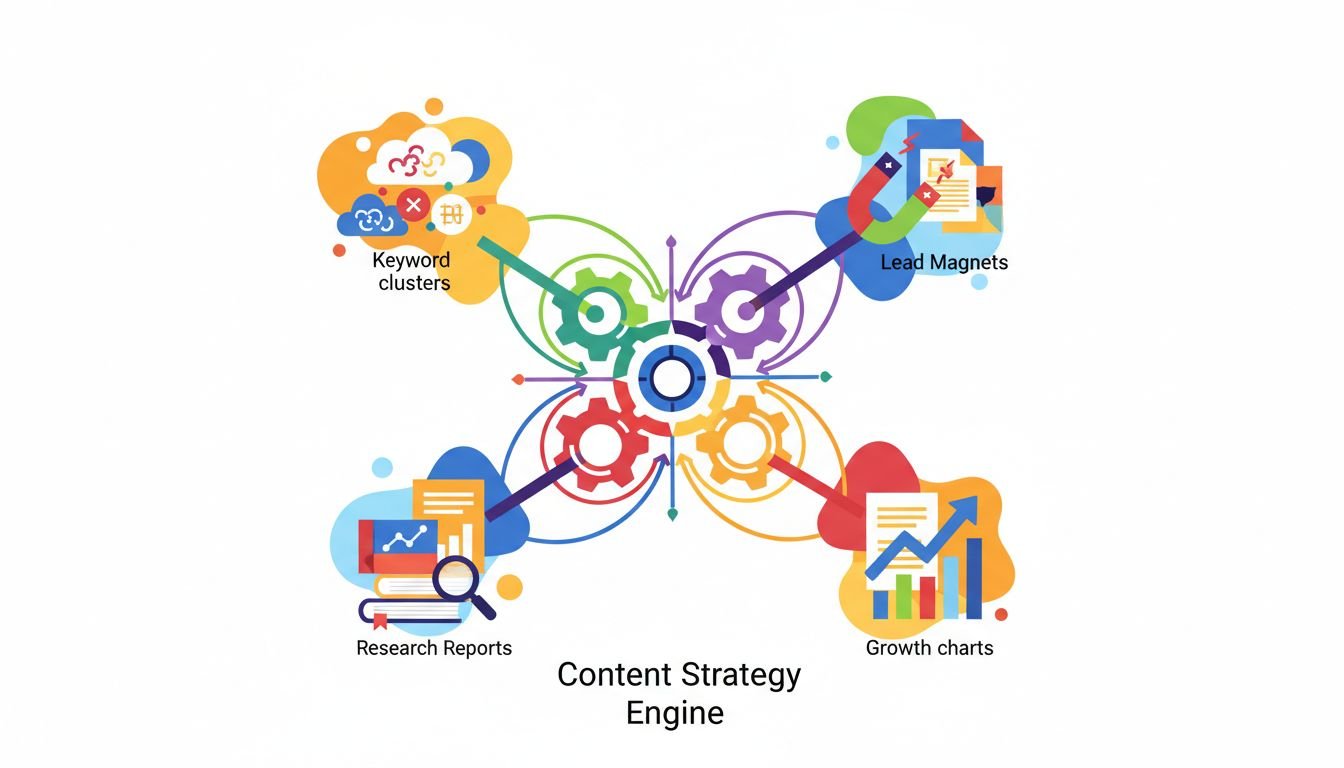 diagram of content strategy engine with keyword clusters lead magnets research and growth charts
