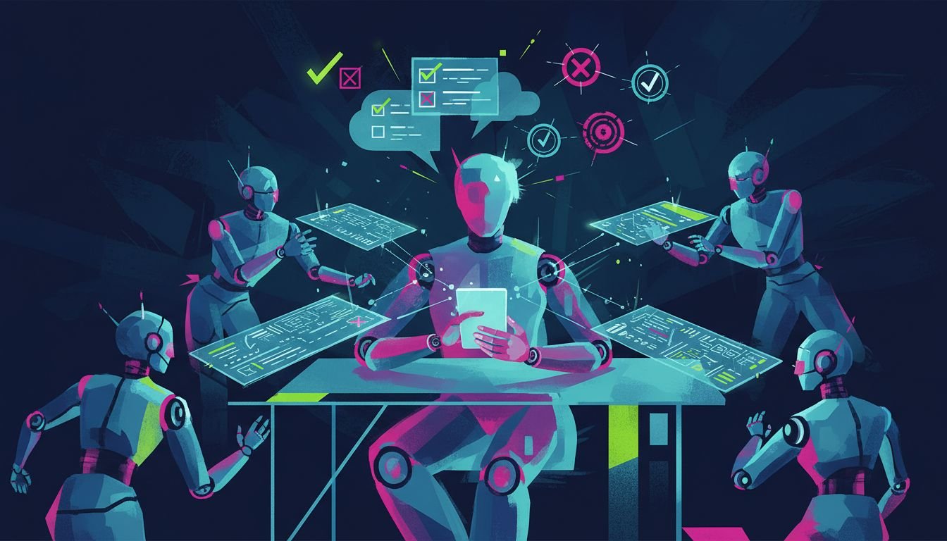 Editorial illustration of a human editor reviewing drafts produced by AI agents at a desk with checklists