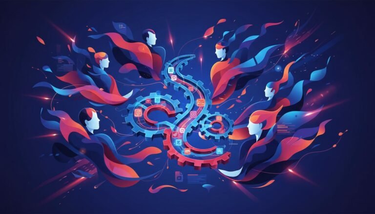 Editorial illustration of AI agents collaborating as a team around gears and data streams in B2B content marketing