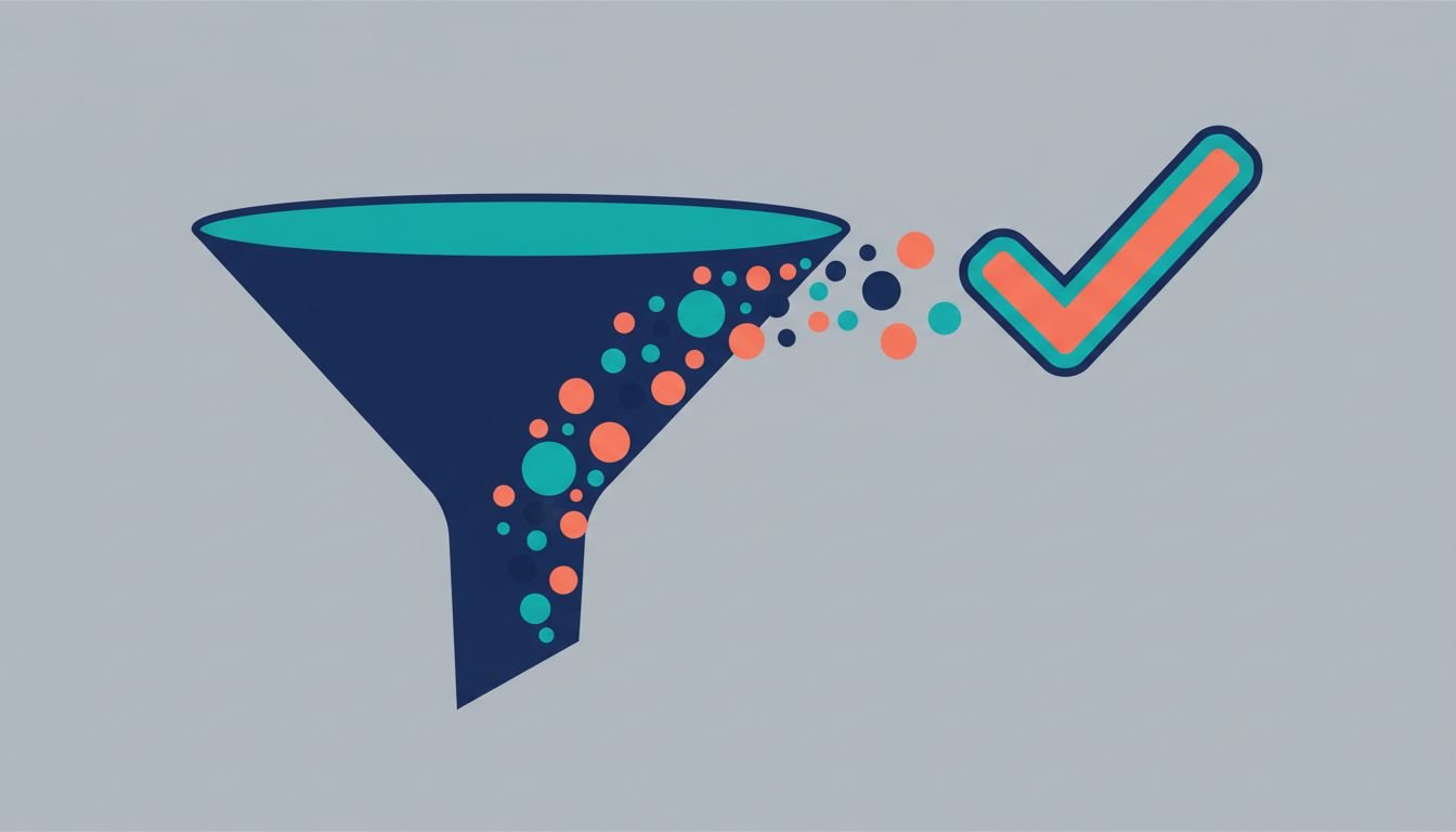 Abstract funnel illustration showing content flowing from articles and ebooks through a funnel to an approved deal, representing educational content converting to pipeline.