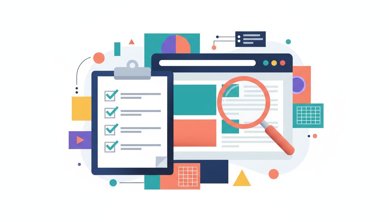 B2B content audit inspection illustration with checklist, magnifying glass and data cards