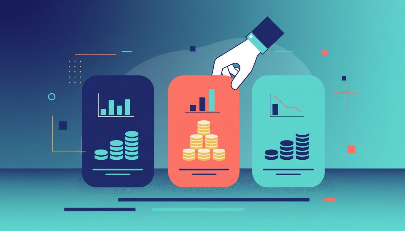 Content audit pricing comparison illustration with tier cards, coins and bar charts