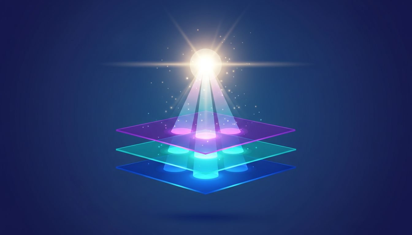 Editorial illustration of three translucent layers converging upward into a bright core, representing the layers of AI search visibility