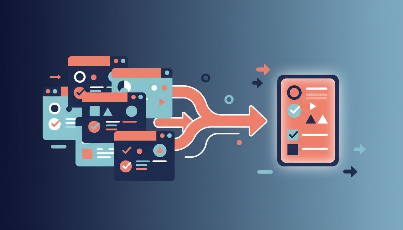 Abstract illustration of B2B vendor shortlist being formed by AI panels and checkmarks