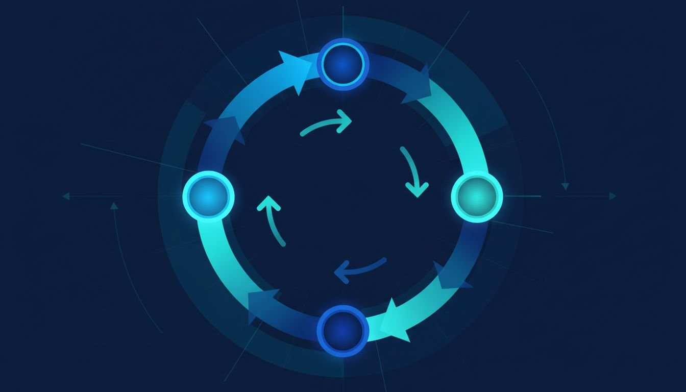 Illustration of a circular feedback loop with four nodes, representing the Feed, Frame, Publish, and Measure stages of brief automation