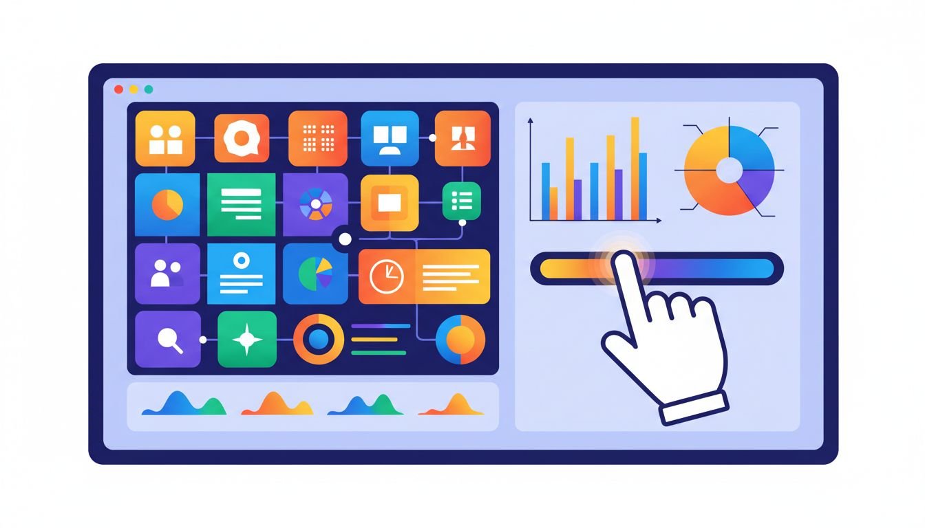 Interactive B2B configurator illustration showing colorful modular dashboard components and an updating chart
