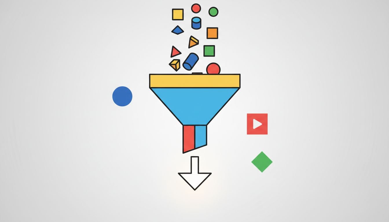 Abstract B2B lead generation funnel illustration with colorful geometric blocks entering and a glowing arrow exiting