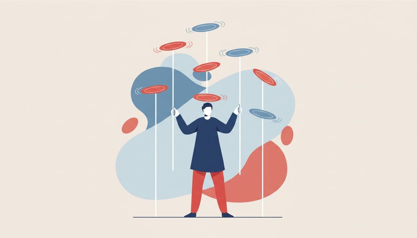 Editorial illustration of a person tending many spinning plates, representing the ongoing maintenance burden of WordPress.
