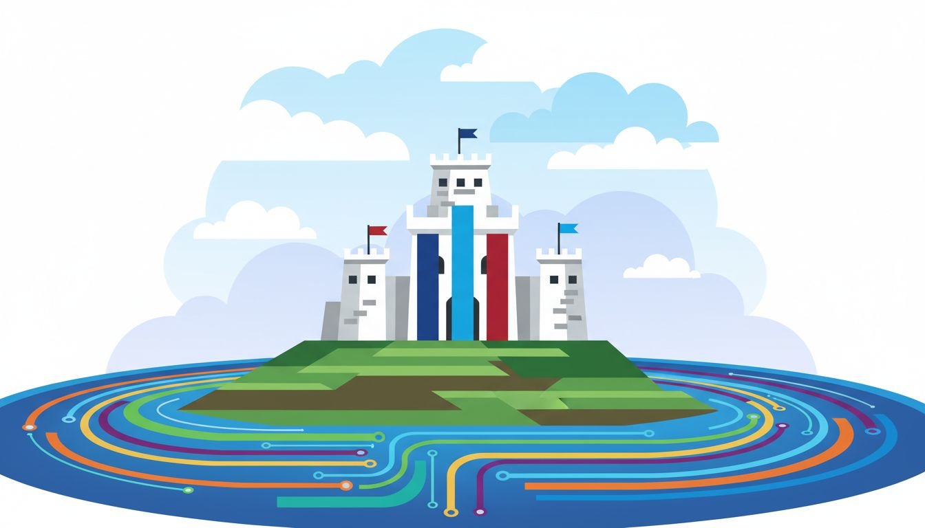 Abstract illustration of a fortress protected by a moat made of flowing data ribbons, representing the AI moat stack