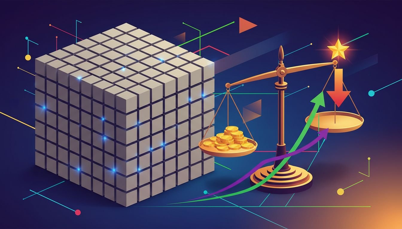 Editorial illustration of identical generic AI-generated blocks beside a small pile of gold coins being weighed, symbolizing the gap between sameness and measurable value