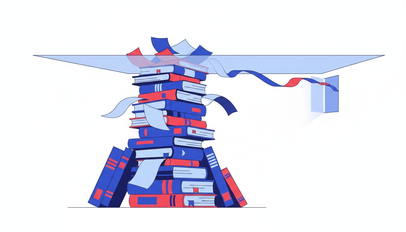 Editorial illustration of a growing stack of papers meeting a glass ceiling, representing Webflow content limits.