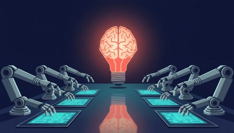 Original human-led B2B content standing out from identical AI-generated articles, editorial illustration