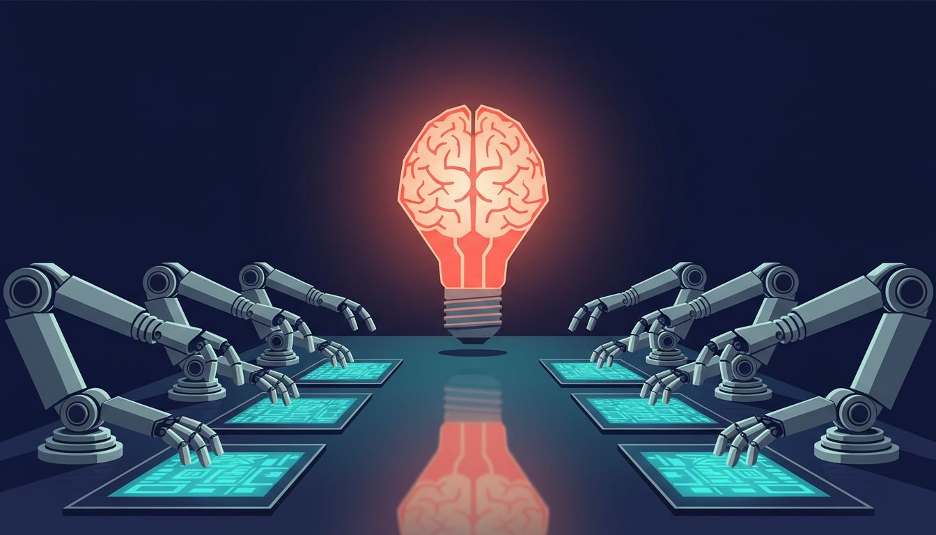 Original human-led B2B content standing out from identical AI-generated articles, editorial illustration