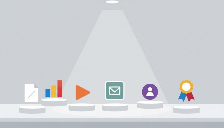 Flat editorial illustration of B2B marketing artifacts on display: report, chart, video, email, and customer story icons