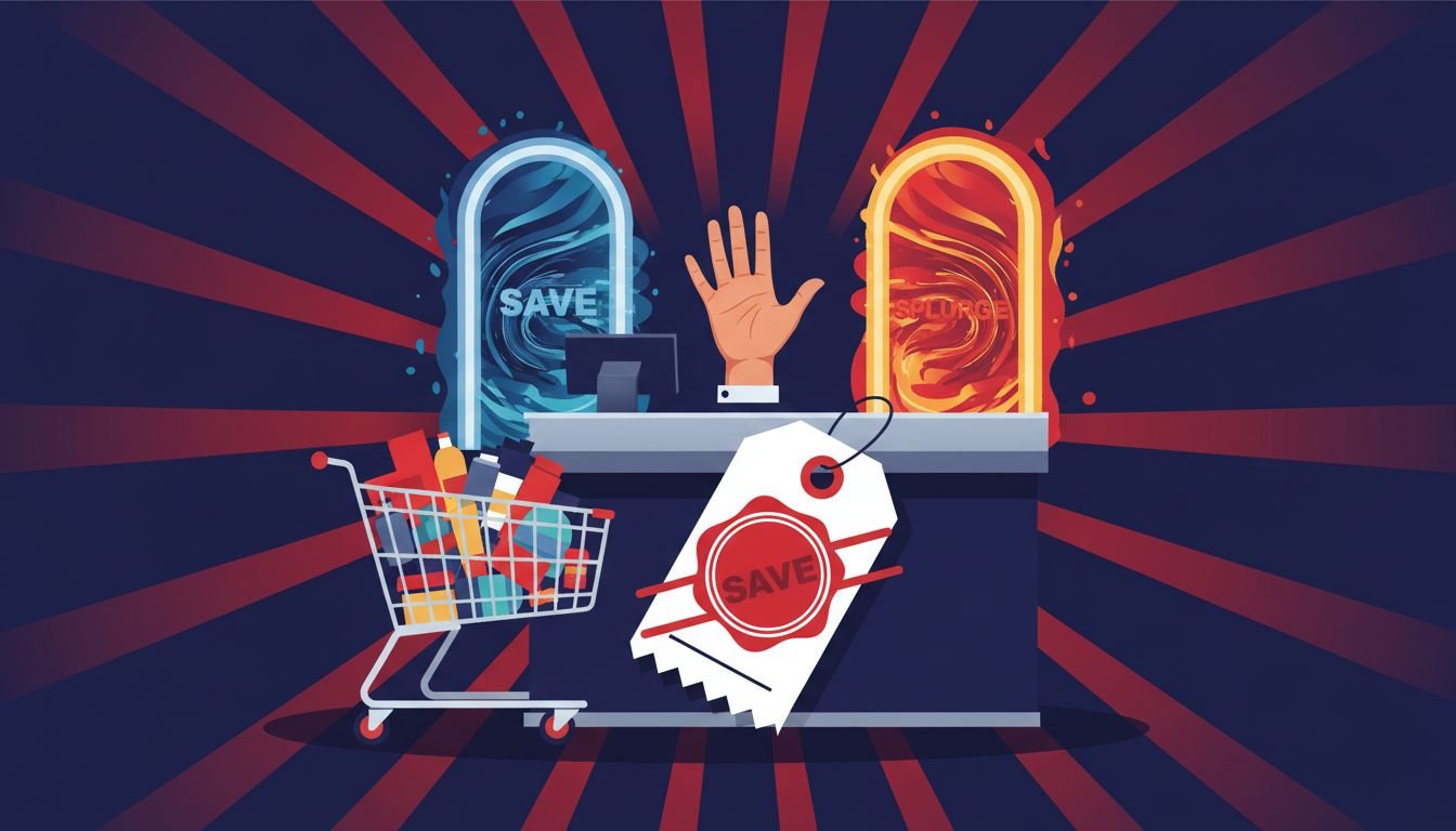 Illustration of a shopping cart and a price tag with a hand deciding whether to buy during a sale, no text