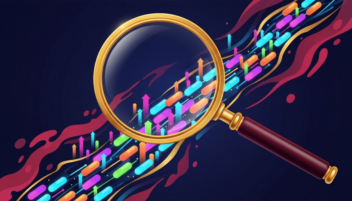 Illustration of a magnifying glass over colorful keyword pills and rising bars, symbolizing finding low competition keywords, no text