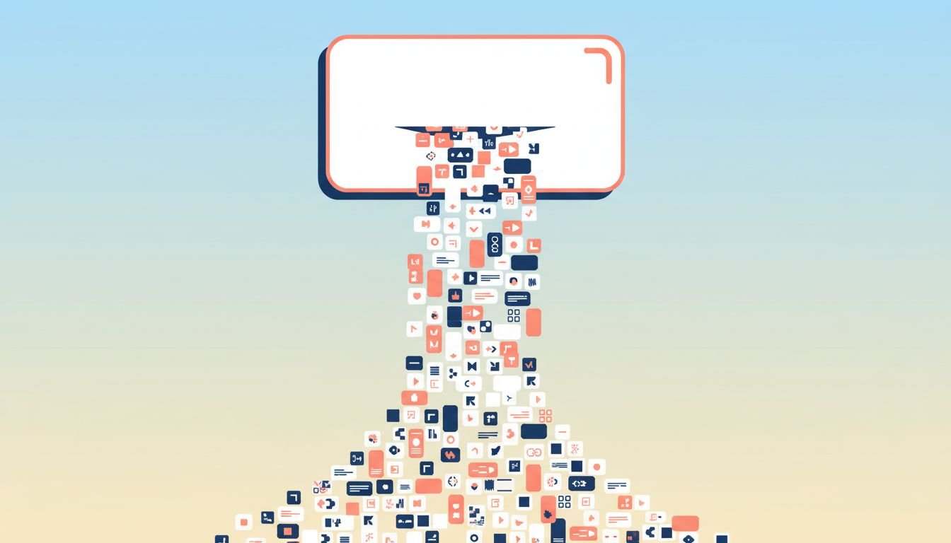 A large marketing document splitting into small call-ready cards and talking points, representing content atomization for sellers