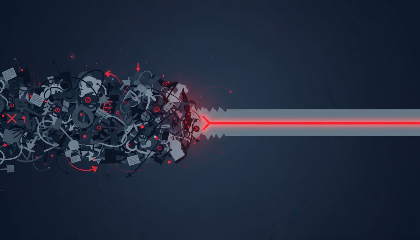 Conceptual illustration of removing friction from a content production system: a cluttered tangle of decision points streamlined into one clean straight path.