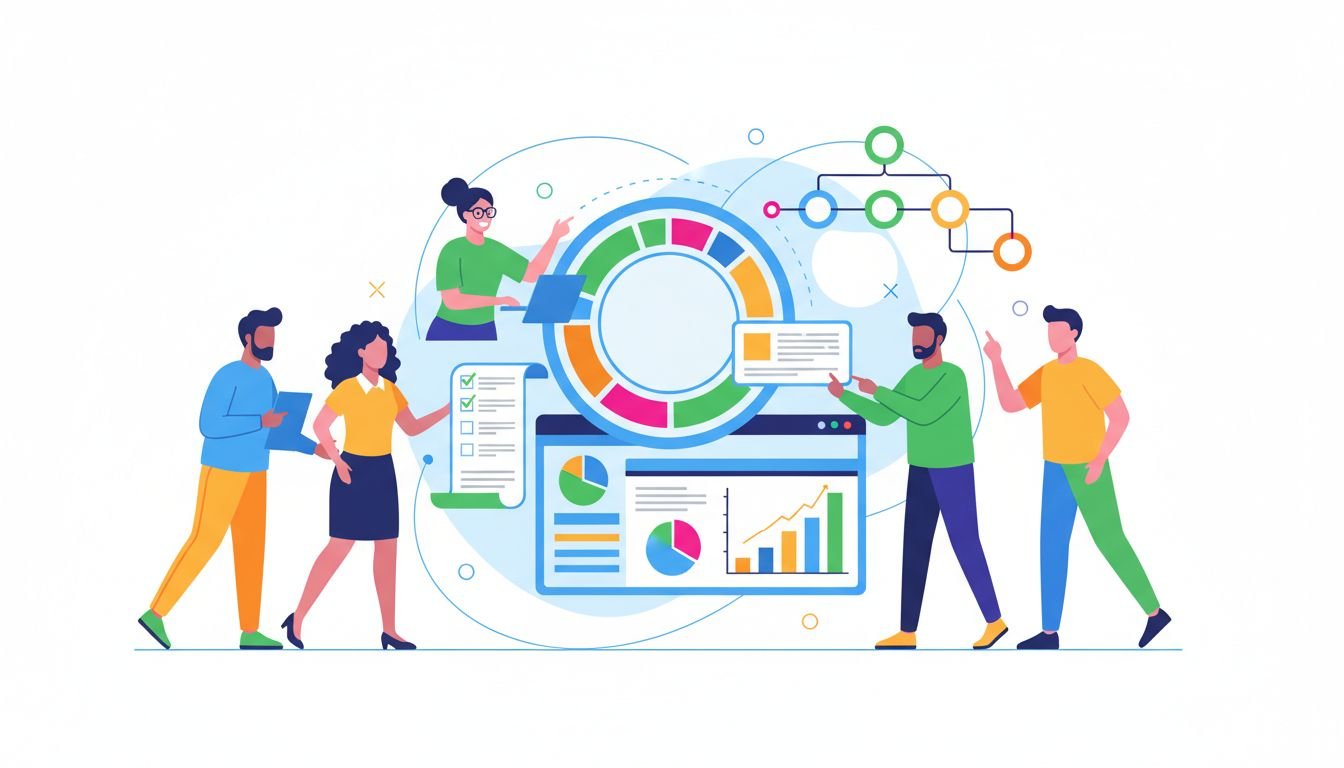 Illustration of a small five-person B2B content team collaborating around a shared content calendar and editorial dashboard