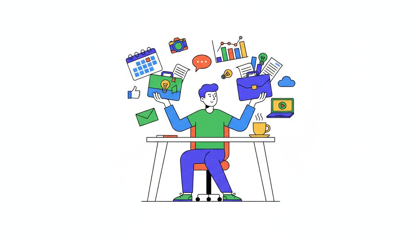Illustration of one solo B2B content marketer working at a desk juggling a calendar, ideas, and analytics charts