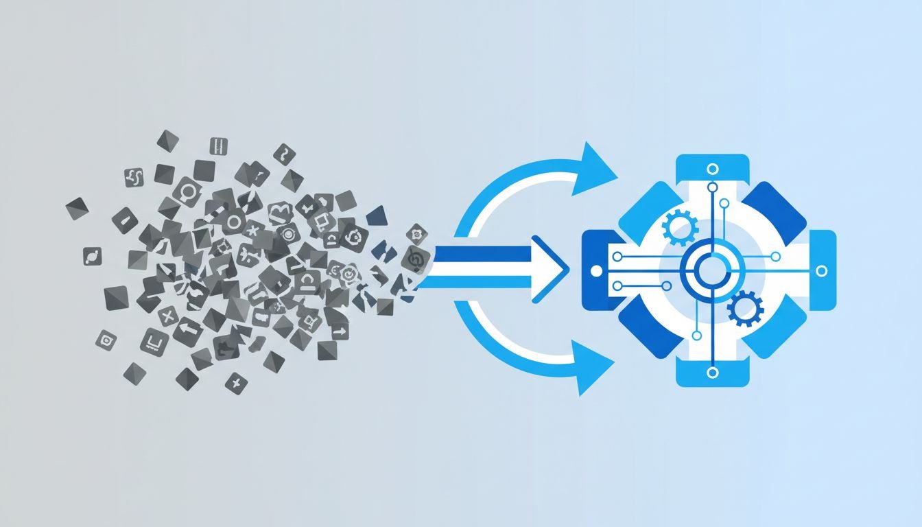 Abstract illustration of many scattered disconnected app tiles on the left consolidating into one clean organized system on the right, representing reducing content marketing tool sprawl.