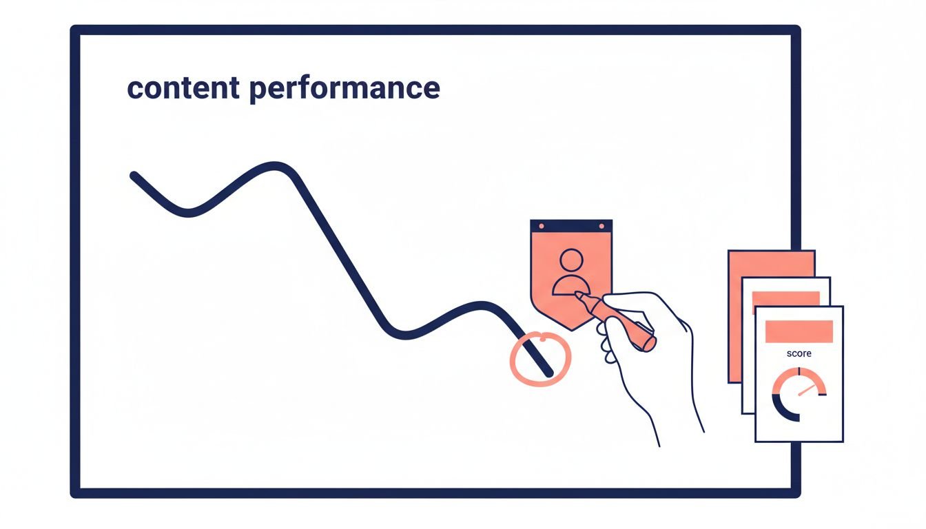 Editorial illustration of a whiteboard with a descending performance curve, a marker circling a point, and a stack of scored document cards, refresh prioritization concept, no text