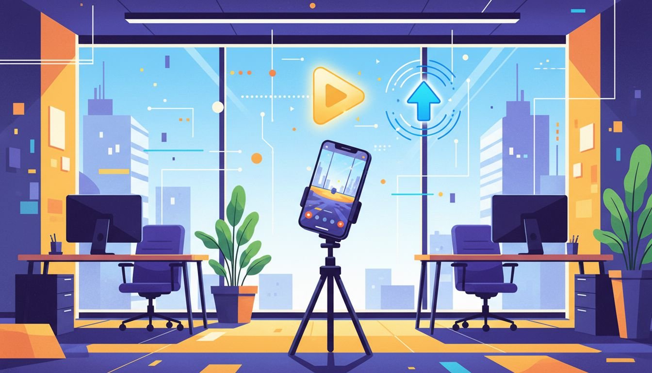 Editorial illustration of a slim smartphone filming a short vertical video clip on a tripod in a modern office, with a play triangle and upward share icon, representing B2B video content marketing