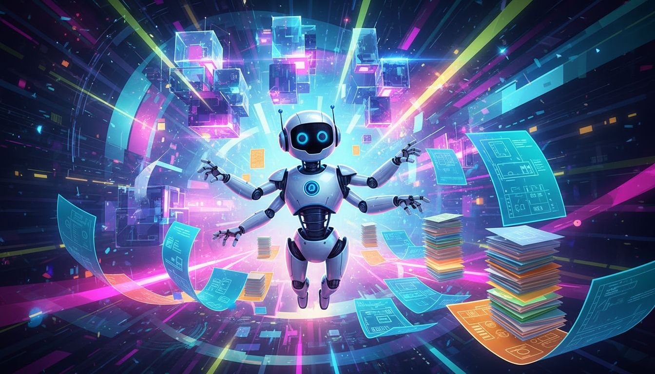 An AI assistant robot organizing documents into machine-readable structured data for AI buying agents, editorial illustration
