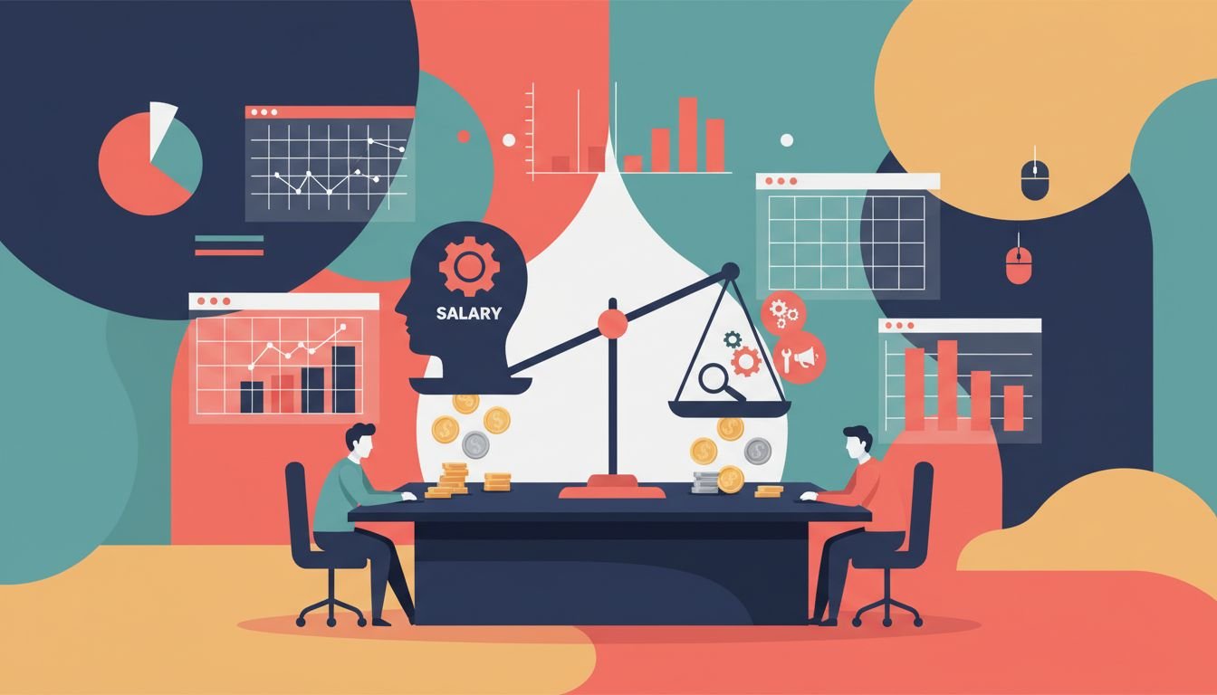 Editorial illustration of a small two-person B2B marketing team at a table with charts, a spreadsheet grid, and a scale balancing a large head silhouette against small tool and megaphone icons
