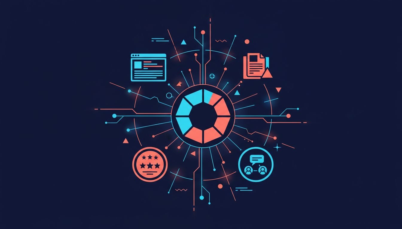 Editorial illustration: a brand emblem surrounded by independent sources, wiki, reviews, forums, and analyst reports, connected by glowing lines, showing the off-site echo that shapes AI citations