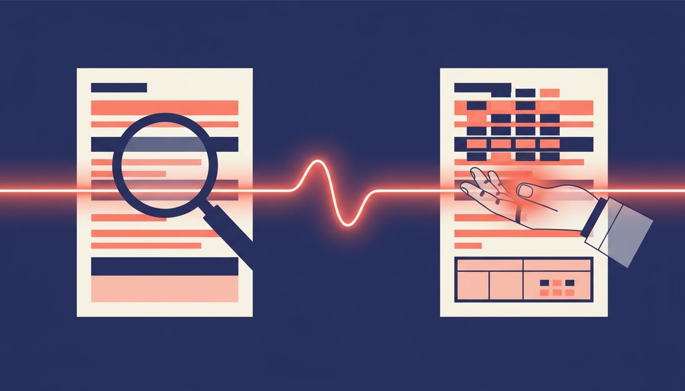 Editorial illustration: a scannable page served to two readers, a human skimmer scanning headings and an AI engine pulling structured blocks from the same page.